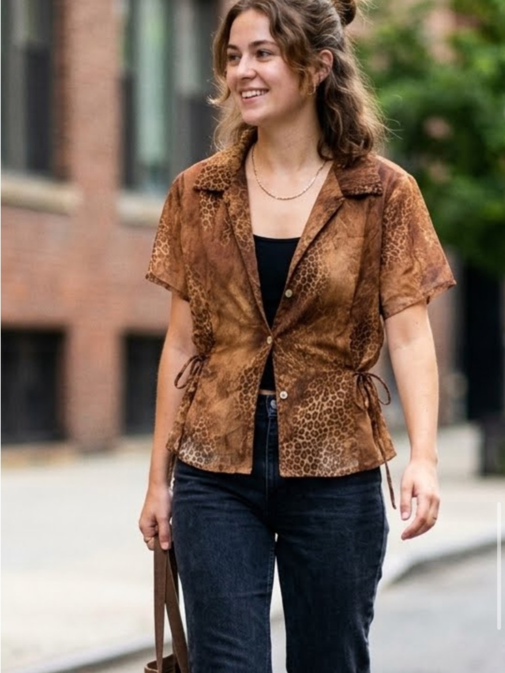 Jessica Howard Brown Leopard-Print Short Sleeve Button-Front Shirt